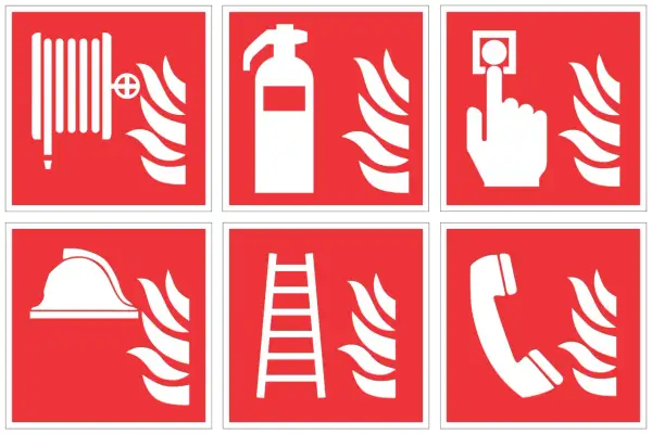 Znaki ognia: wąż strażacki, gaśnica, przycisk alarmowy, hełm, drabina, telefon.